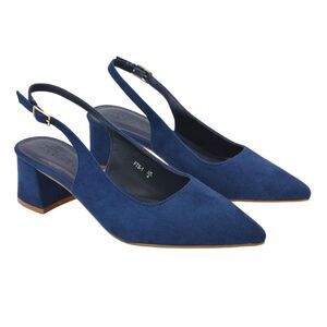 XY London Womens/Ladies Faux Suede Sling Back Low Block Heel Court Shoes / Navy
